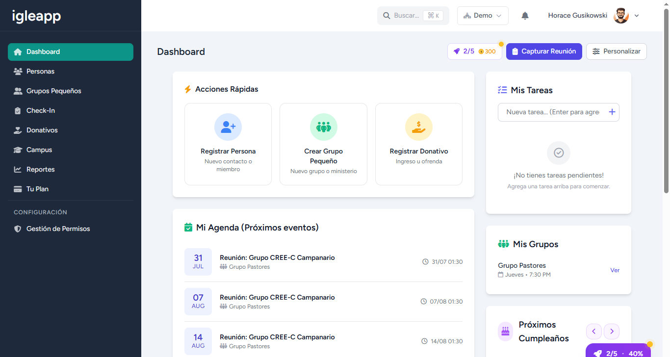 Dashboard real de IgleApp con directorio, grupos pequeños, donativos y Campus LMS