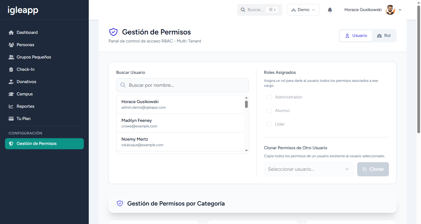 Panel de control de permisos y roles de usuario